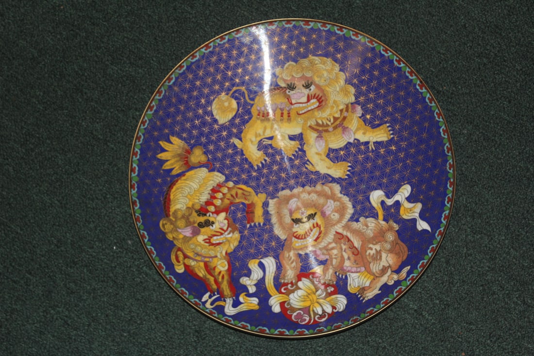 Chinese Cloisonne Kylin Motied Charger: large: 15 1/8" in diameter - possibly old, but exact age unknown