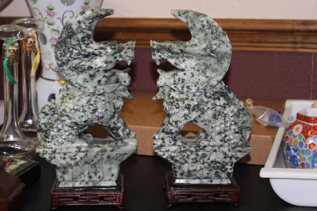 Set of Two Jade or Hardstone Chinese Beast: on stand - please note: one has a couple of small chips as shown - overall= 11" tall each