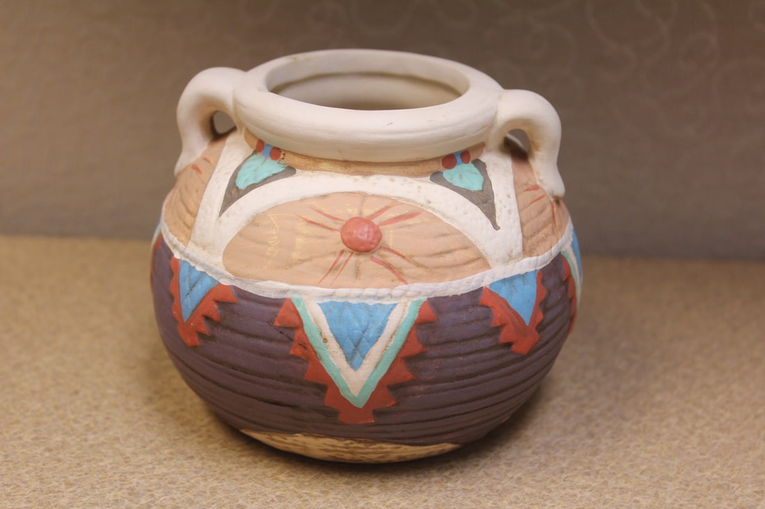 Ceramic Two Handle Pot: Native American style or look-a-like - 3 3/4" tall