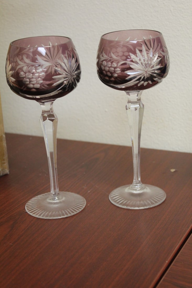 A Set of 2 Amethyst Color Cut Glass Goblets: 7 5/8" tall each