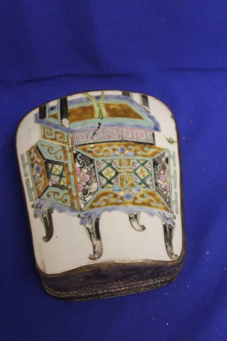 A Vintage Chinese Porcelain and Metal Box: please note: needs some adjustment on putting the lid back on - 7 1/8" across