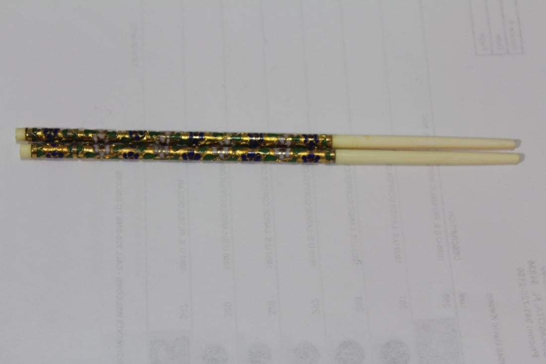 A Pair of Cloisonne and Bone Chopsticks - 2