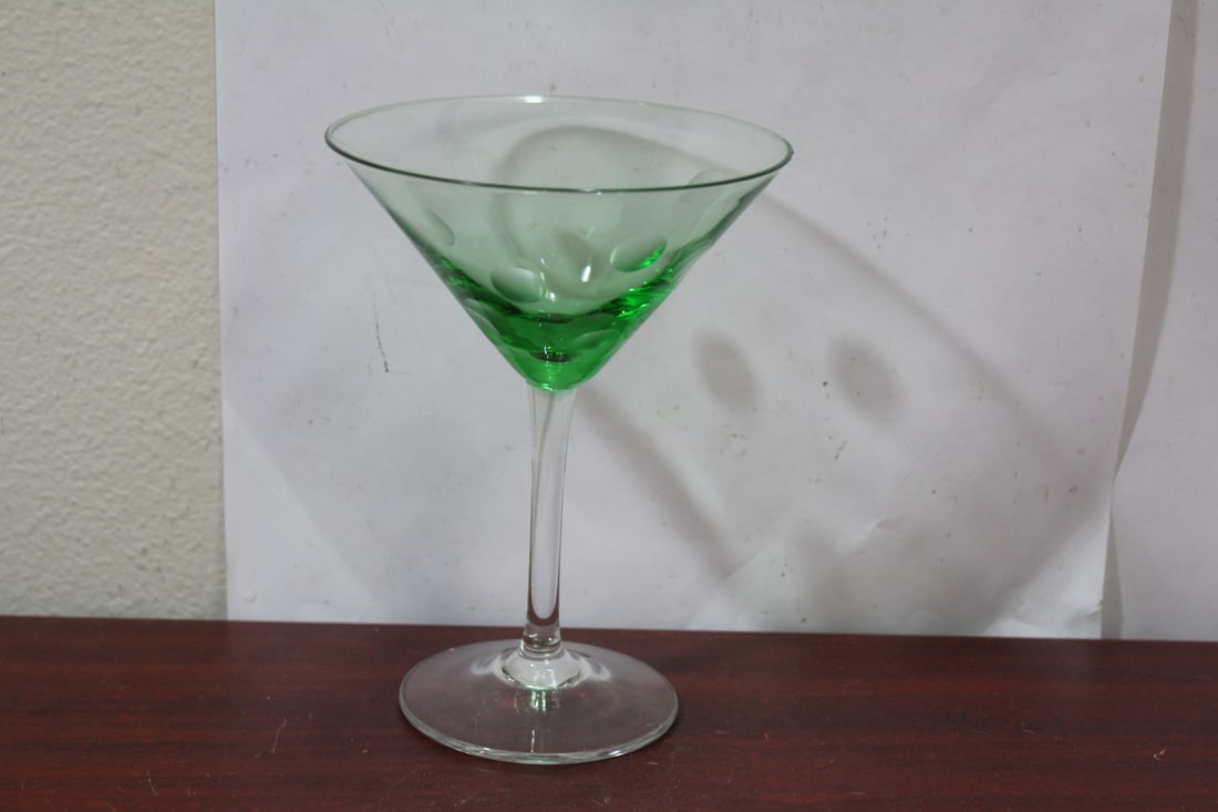 A Well Made Green Champagne Goblet: facet cut design - 6 1/2" tall