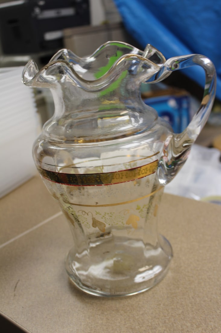 Victorian Inlaid Glass Pitcher: 10 5/8" tall