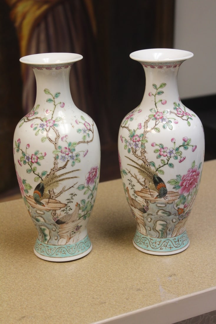 Pair of Chinese Vases: hand painted - republic period - 8 5/8" tall - please note: one has a hairline as shown