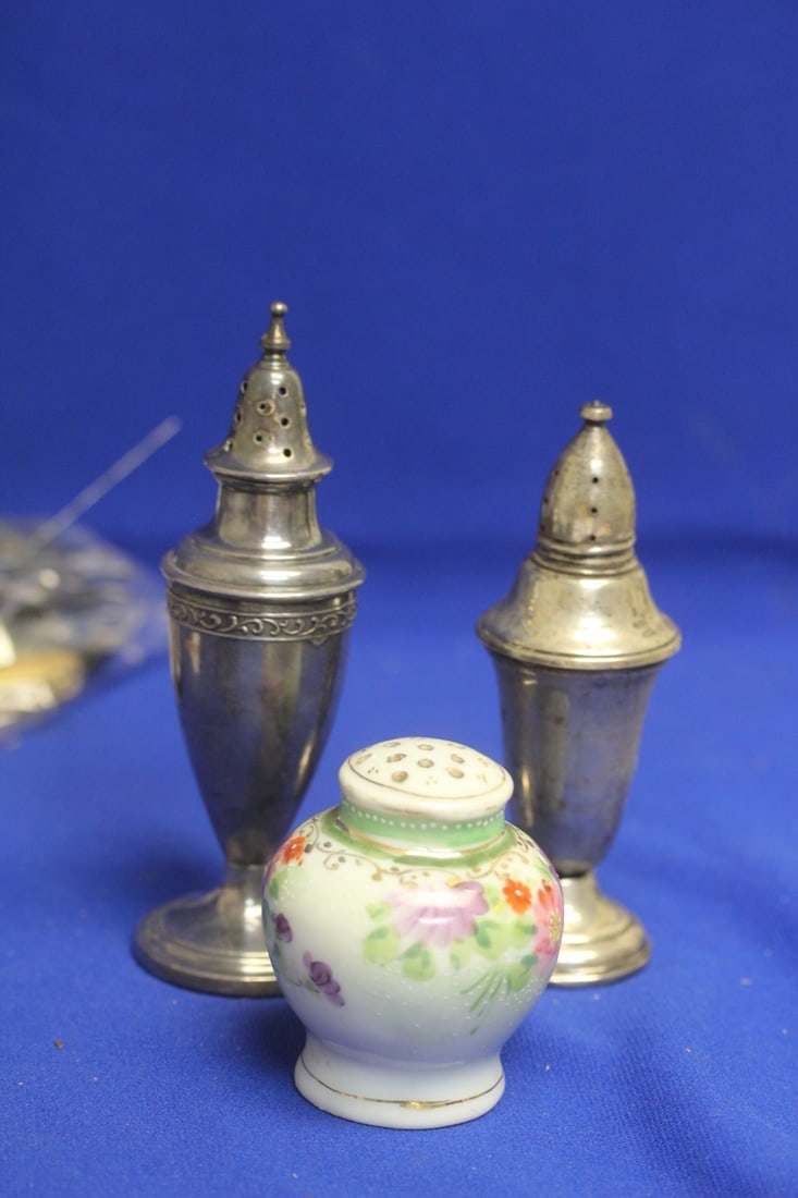 Lot of 3 Single Shakers: one is weighted sterling - tallest= 5 3/4"