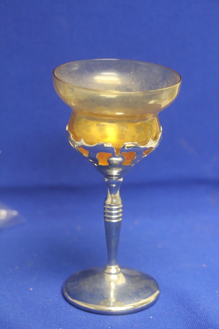 Silverplated and Amber Glass Goblet: needs cleaning - 6 1/8" tall