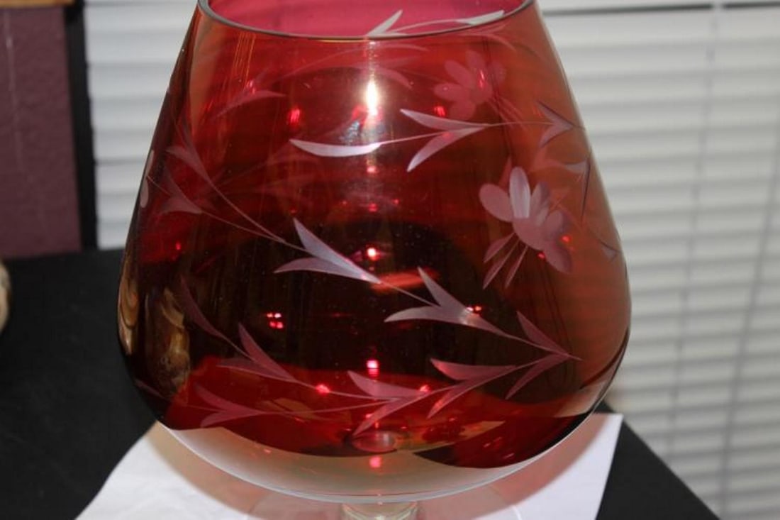 A Cut Ruby Red Glass Champagne Glass - 2