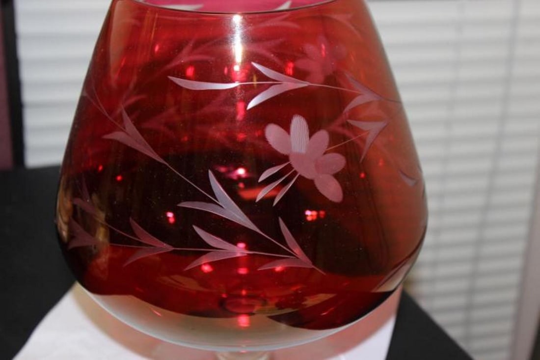 A Cut Ruby Red Glass Champagne Glass - 4