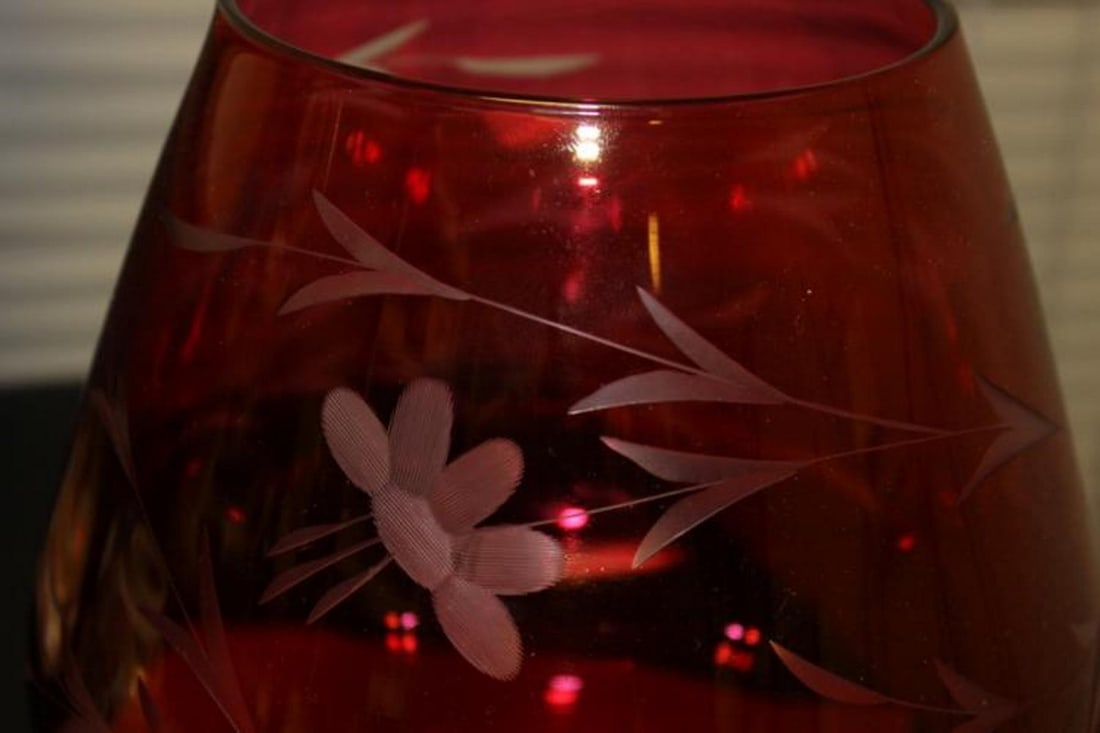 A Cut Ruby Red Glass Champagne Glass - 8