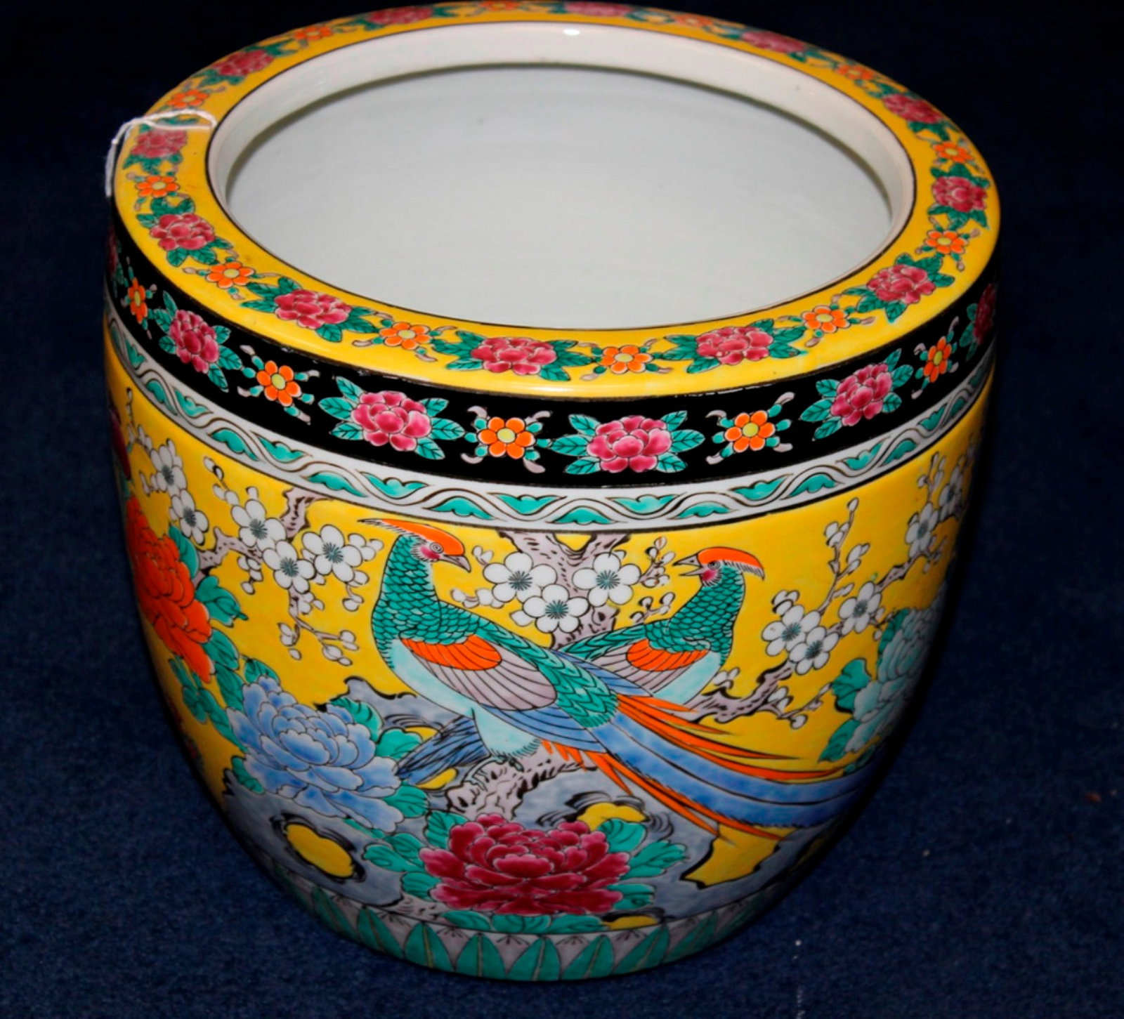 Japanese Famille Jaune Style Fish Bowl: Circa 20th century. Measures 9 1/2" tall by 10 1/2" in diameter.