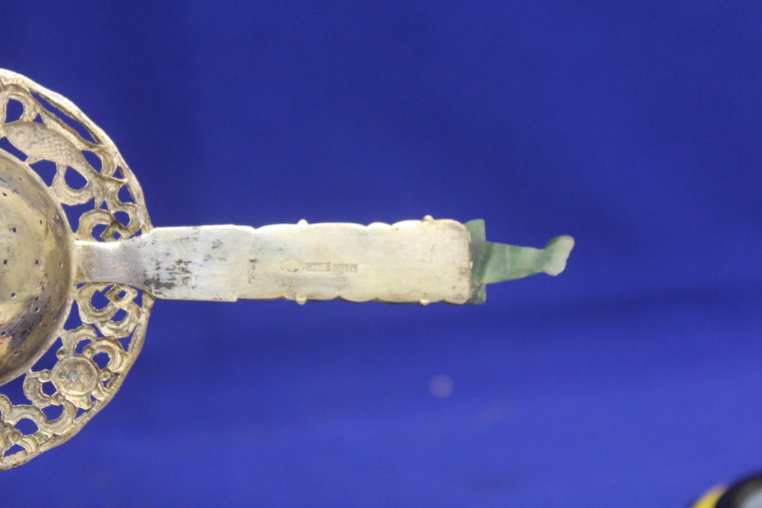 Chinese Carved Jadeite Handle and Silver Strainer - 4