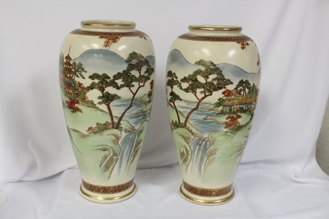 Set of Two Japanese, Satsuma Style Vase: Probably early to mid 20th century - 9 1/2" tall each