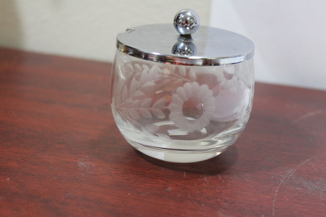 An Etched Glass Sugar Container: with metal lid - 2 1/2" across