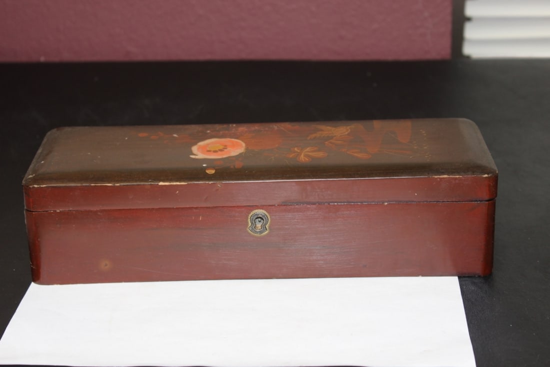A Vintage Japanese Lacquer Long Box: hand painted - label signed - 12" x 4 1/4" x 3"