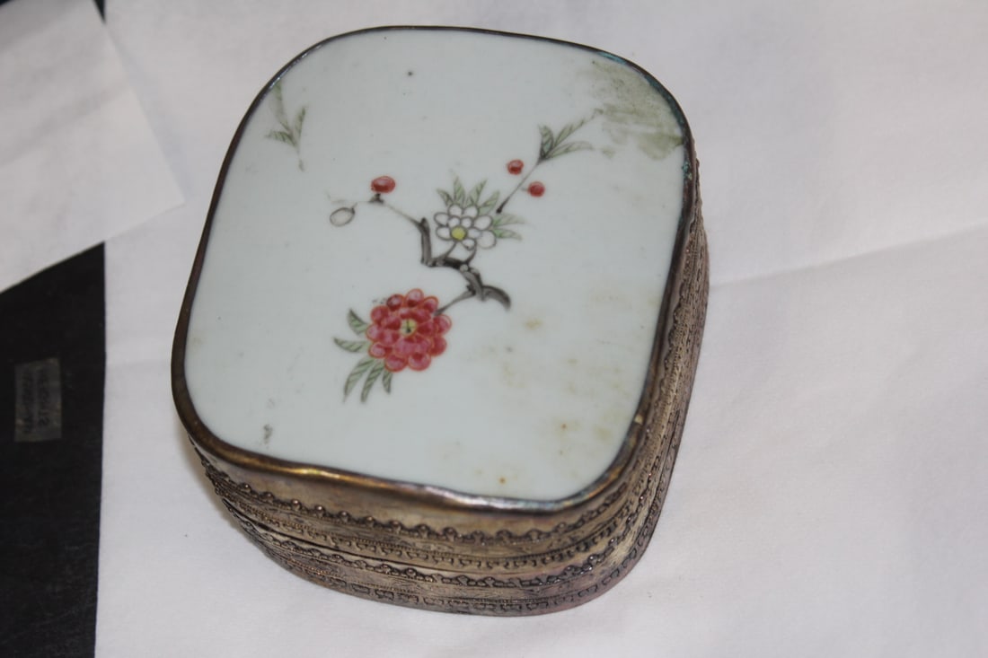 Chinese Porcelain and Metal Trinket Box: 4" x 3 3/4"