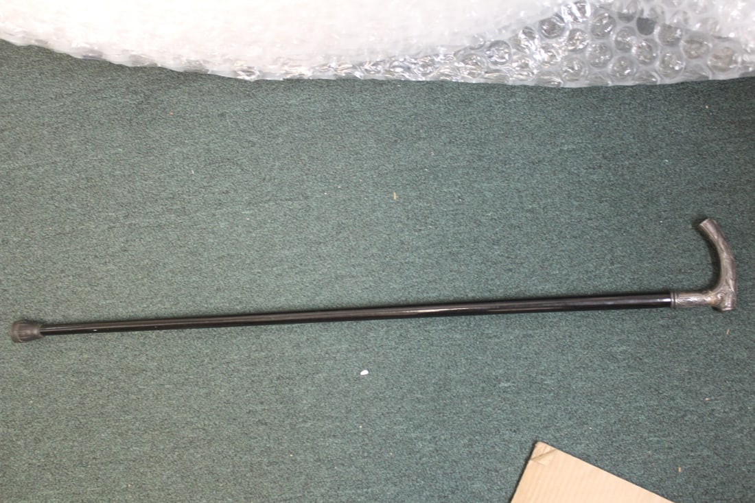 Sterling Handle Cane: cane=wood - overall= 35 1/2" long - please check all images out for conditioning