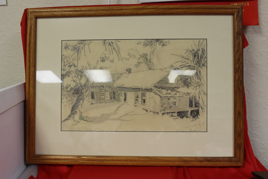 An Original Pencil Drawing by Romaine Gibson: overall= 24 1/2" x 18" - sight= 16 1/4" x 10 1/4"