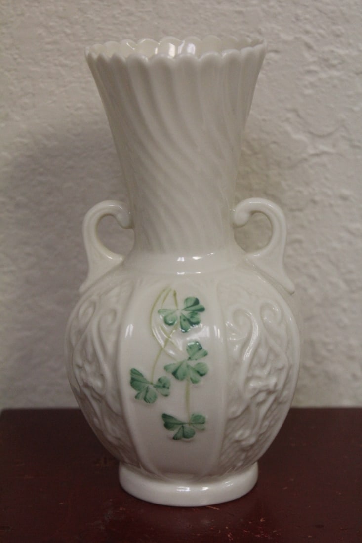 A Belleek Two Handle Vase: 6" tall