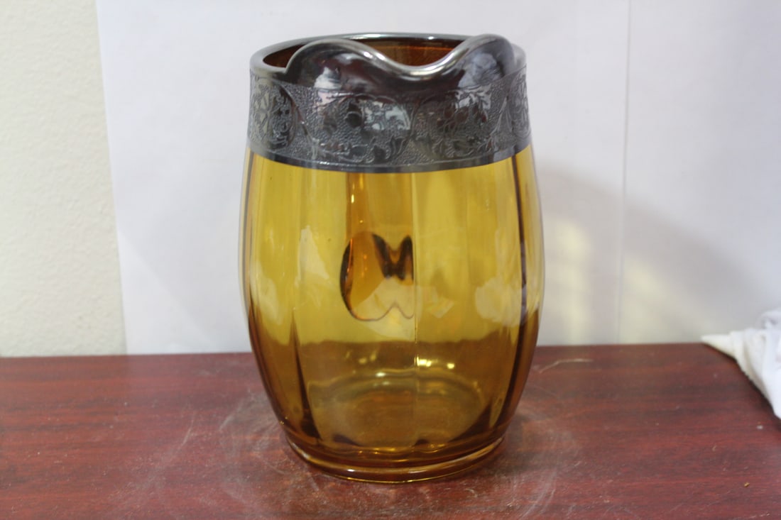 A Silver Overlay Amber Glass Pitcher - 2