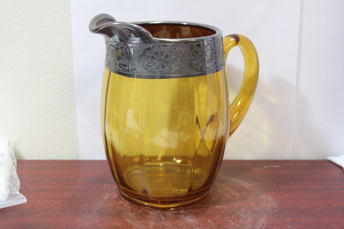 A Silver Overlay Amber Glass Pitcher - 3