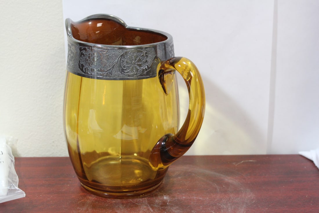 A Silver Overlay Amber Glass Pitcher - 4