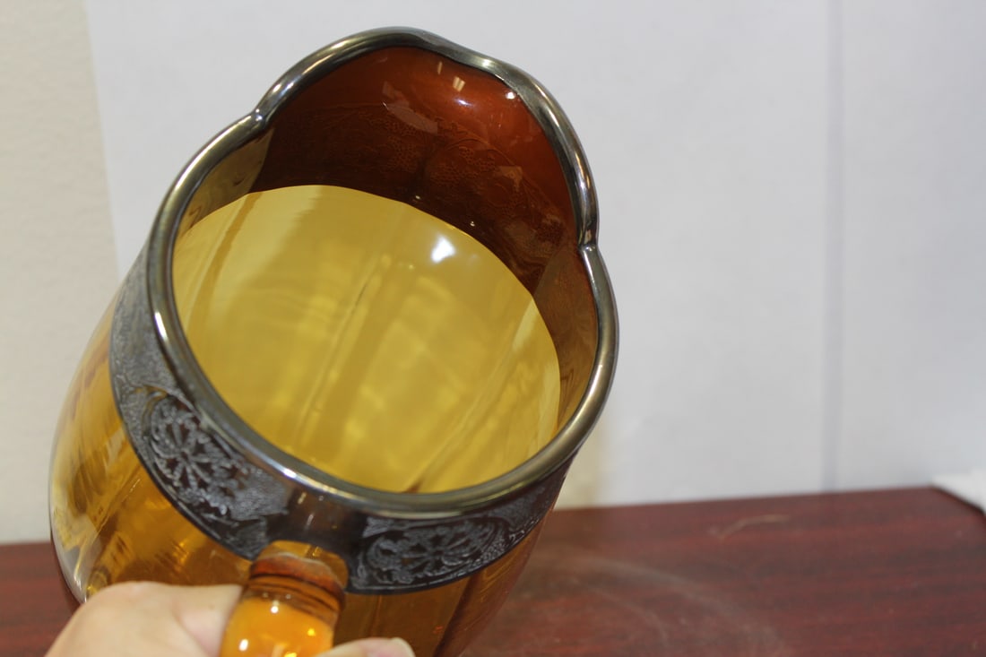 A Silver Overlay Amber Glass Pitcher - 5