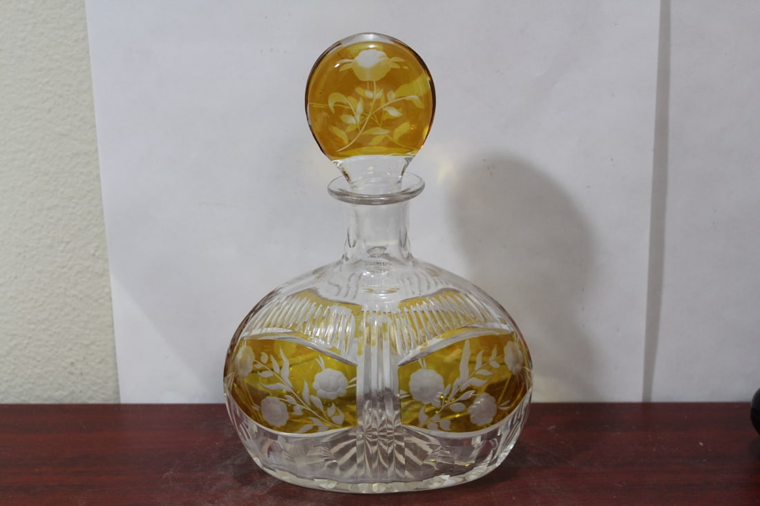 An Amber Cut Glass Decanter: 8 1/2" tall - a little cloudy on the bottom