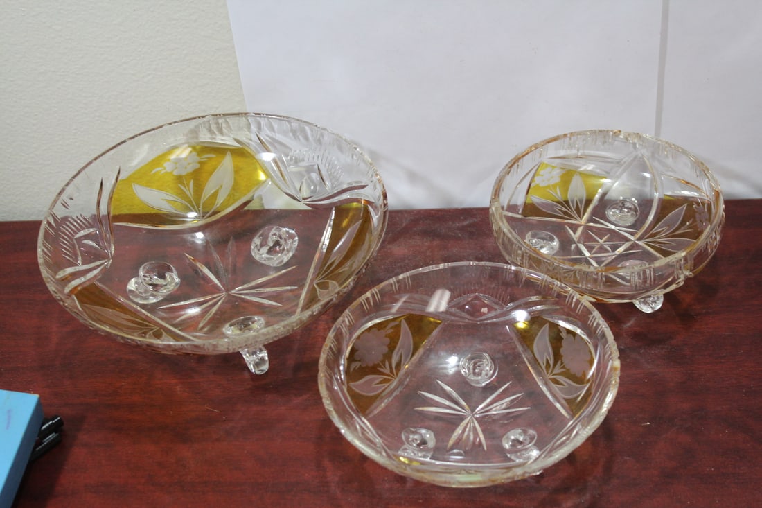 Set of 3 Cut Glass Footed Bowl: please note: all 3 have some issues, such as rughness - smaller one has cacks/chips etc - all as found - largest= 8 3/4" in diameter