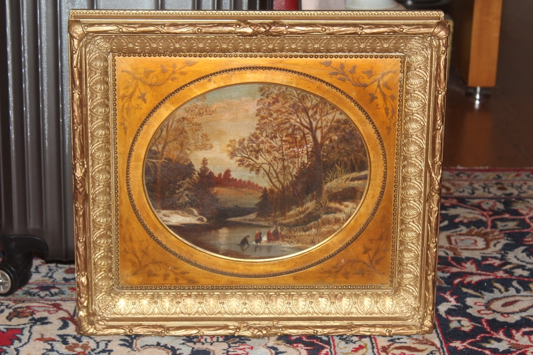 Antique Oil on Canvas Painting: 19th century - framed - unsigned - overall= 18 1/2" x 16 1/2" - gold gilted frame