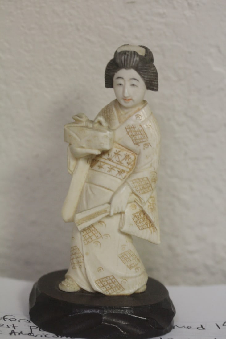 Japanese Okimono B o n e Figurine: well carved - glued on wood stand - overall= 5 inches tall