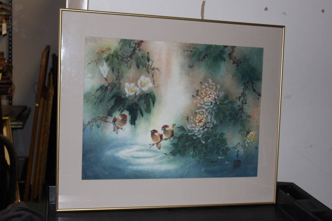 A Framed Watercolour by Dee Devane: oriental motif - signed - overall= 30 1/4" x 25 1/4" sight=23 3/4" x 17 3/4"