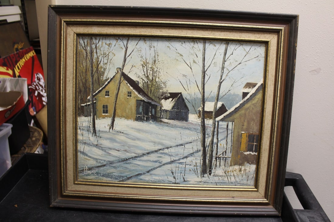 A Retro Oil on Canvas Painting: framed - probably 1960's or 1970's - signed, but cannot decipher who the artist is - overall= 25 1/4" x 21 1/2"