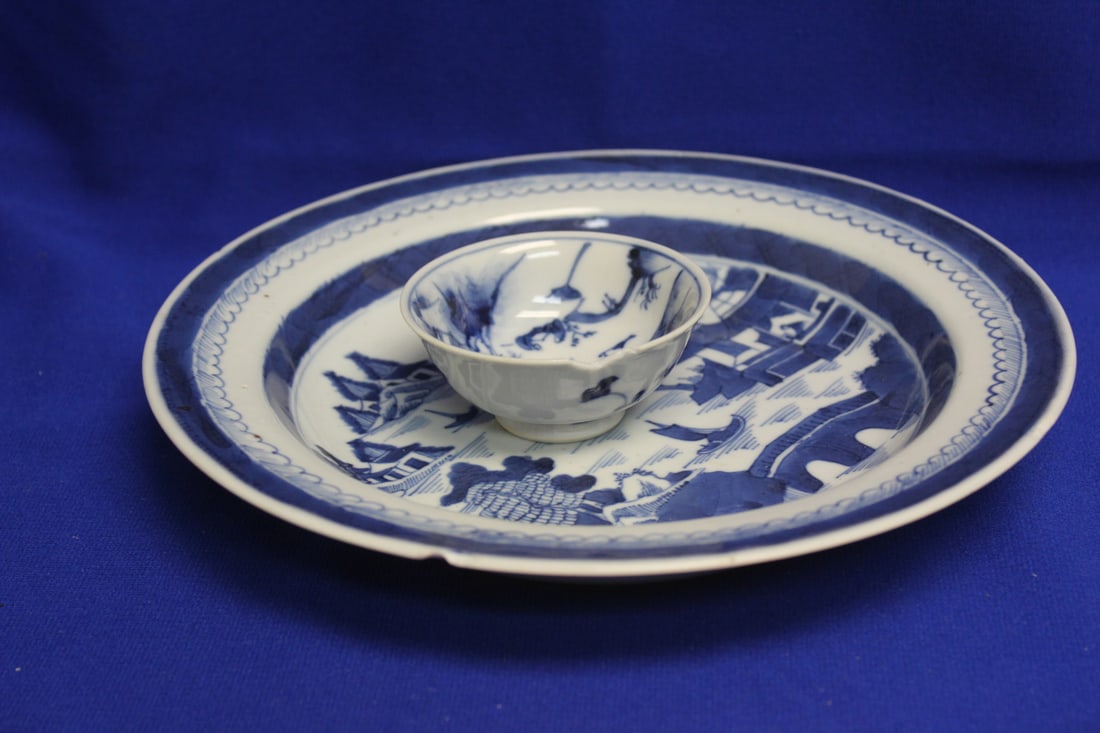 Lot of Two Anitque Blue and White Porcelains: 19th century - both pieces have issues, both as found - both signed - larger one= 9 1/8"