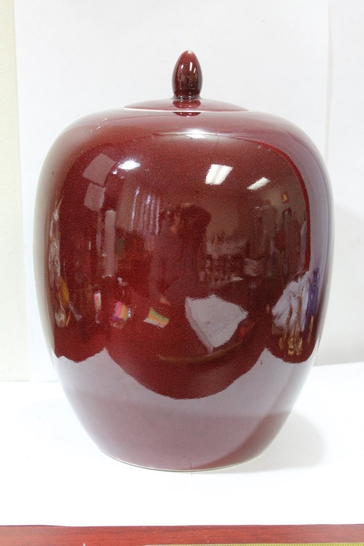 A Chinese Oxblood Monochrome Jar: with lid - overall= 13" tall