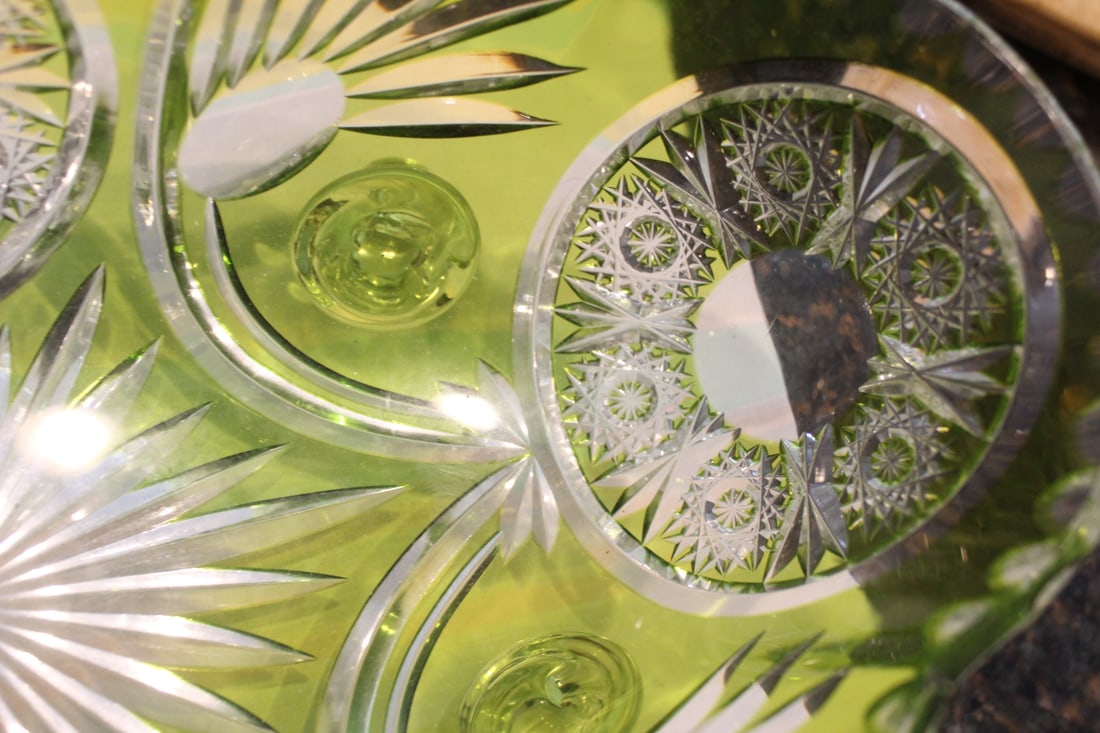 Green Cut Glass Fruit Bowl - 4