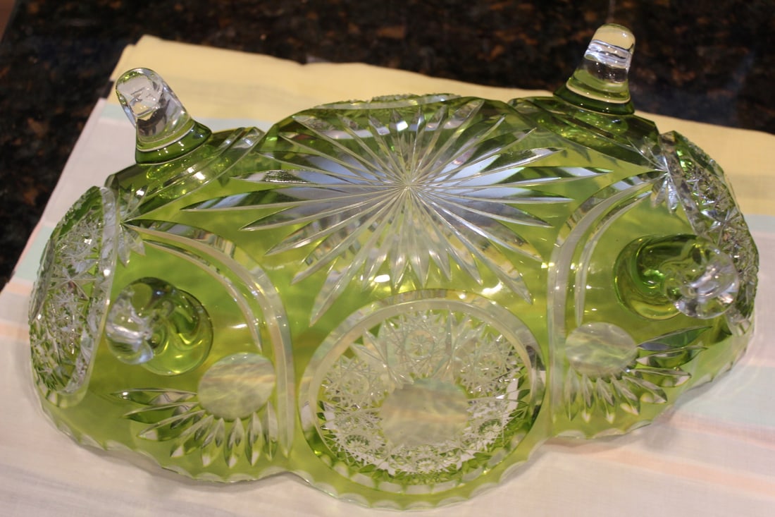 Green Cut Glass Fruit Bowl - 6