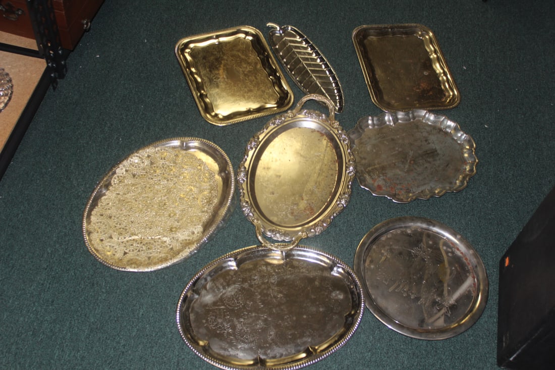 Lot of 8 Silverplate Trays: different shapes and sizees - longest= 17 inches - please note: some have rust