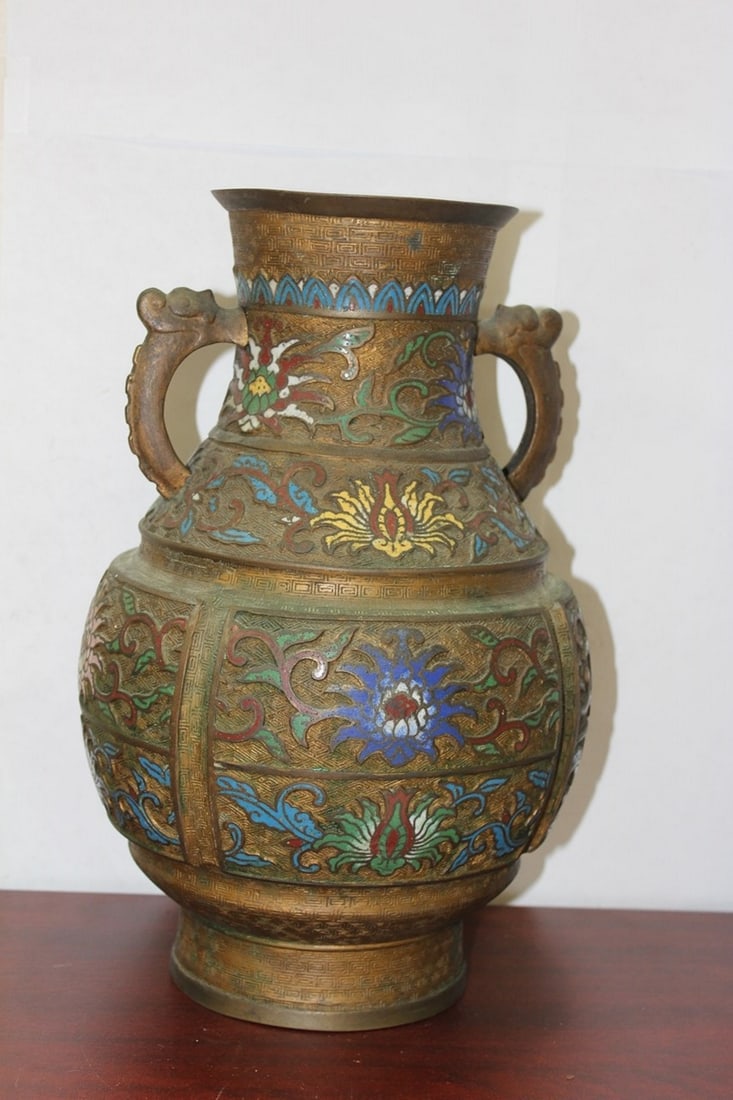 An Antique Japanese Bronze Champleve Vase: 14 1/4" tall by 8 inches wide