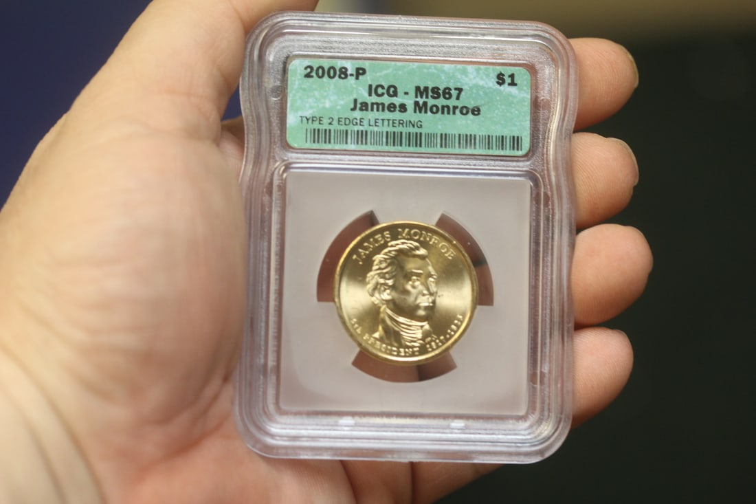 ICG Graded 2008-P James Monroe $1.00 Coin: MS67 - Type 2 edge lettering