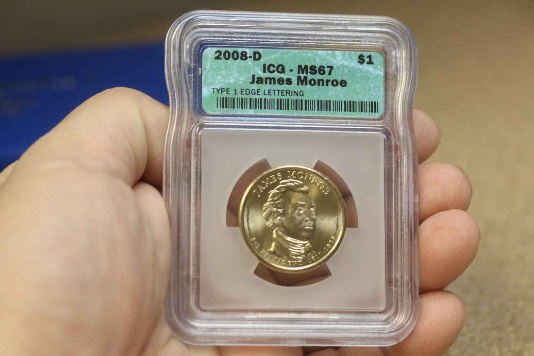 ICG Graded 2008-D James Monroe $1.00 Coin: MS67 - Type 1 edge lettering