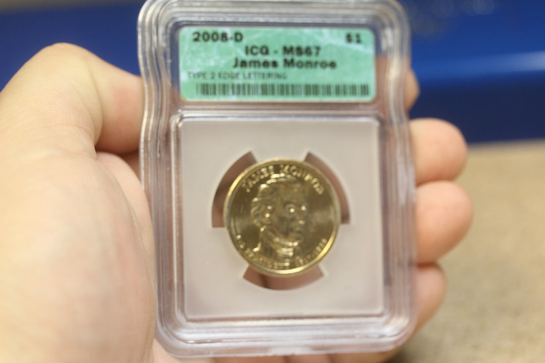 ICG Graded 2008-D James Monroe $1.00 Coin: MS67 - Type 2 edge lettering