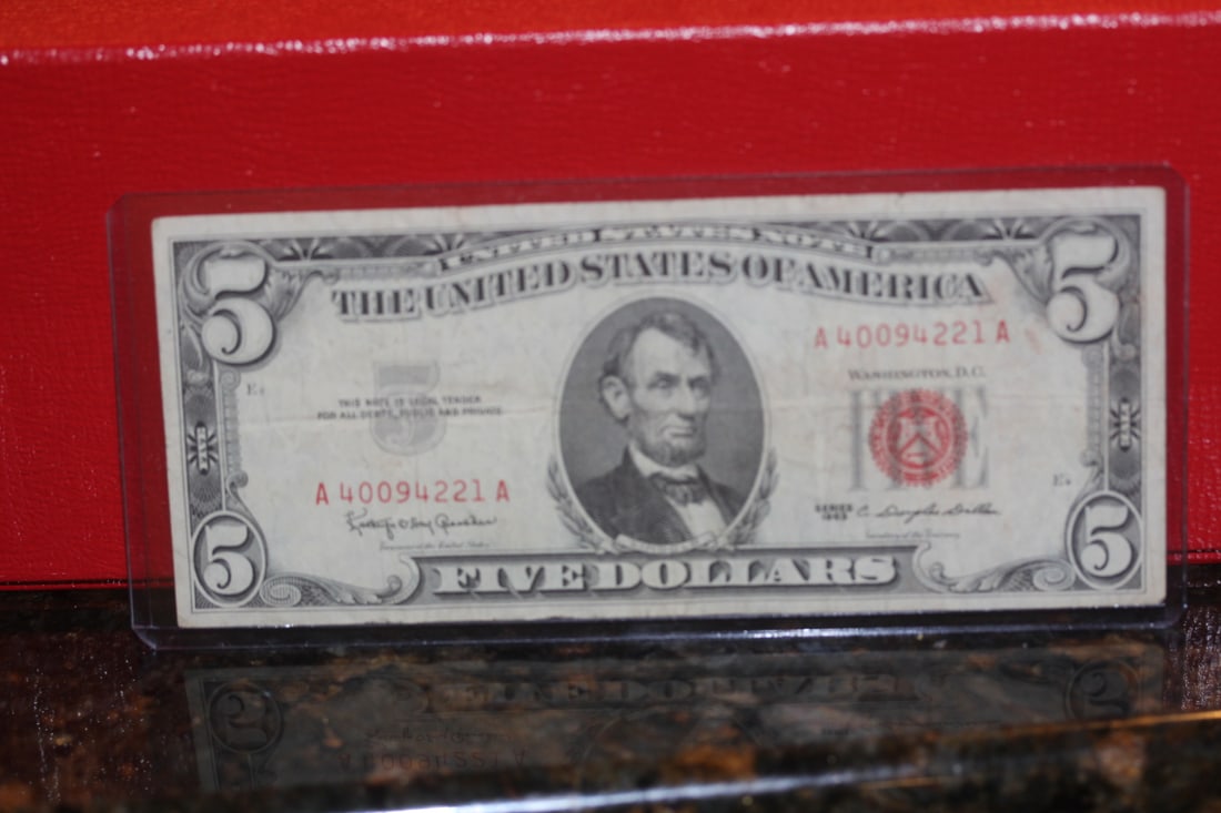 1963 Red Seal $5.00 Bank Note: as shown on photos