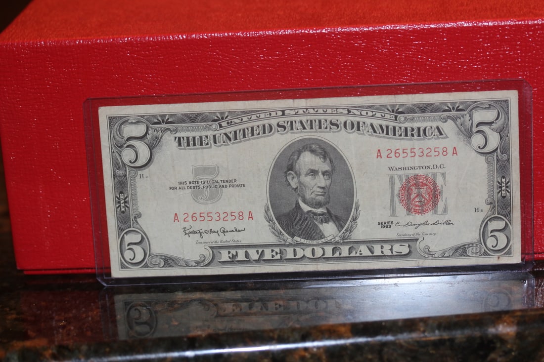 1963 Red Seal $5.00 Bank Note: as shown on photos