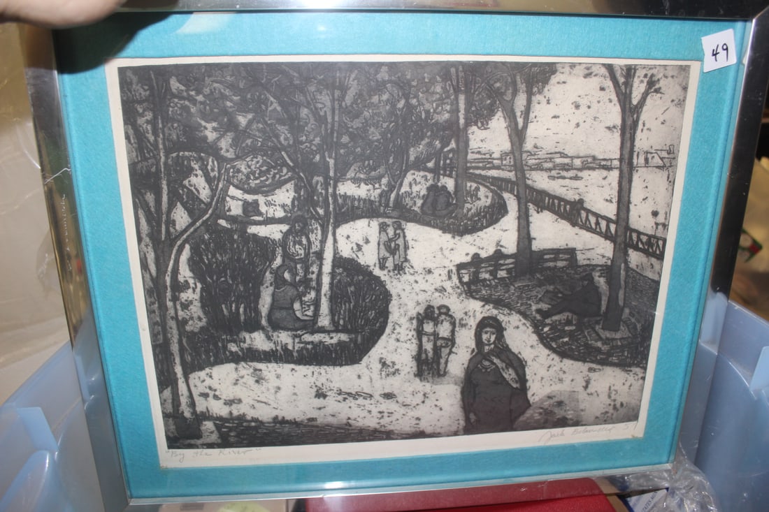 Jack Bilander 1957 Etching "By The River": signed and dated - framed - overall= 20 1/4" x 17"