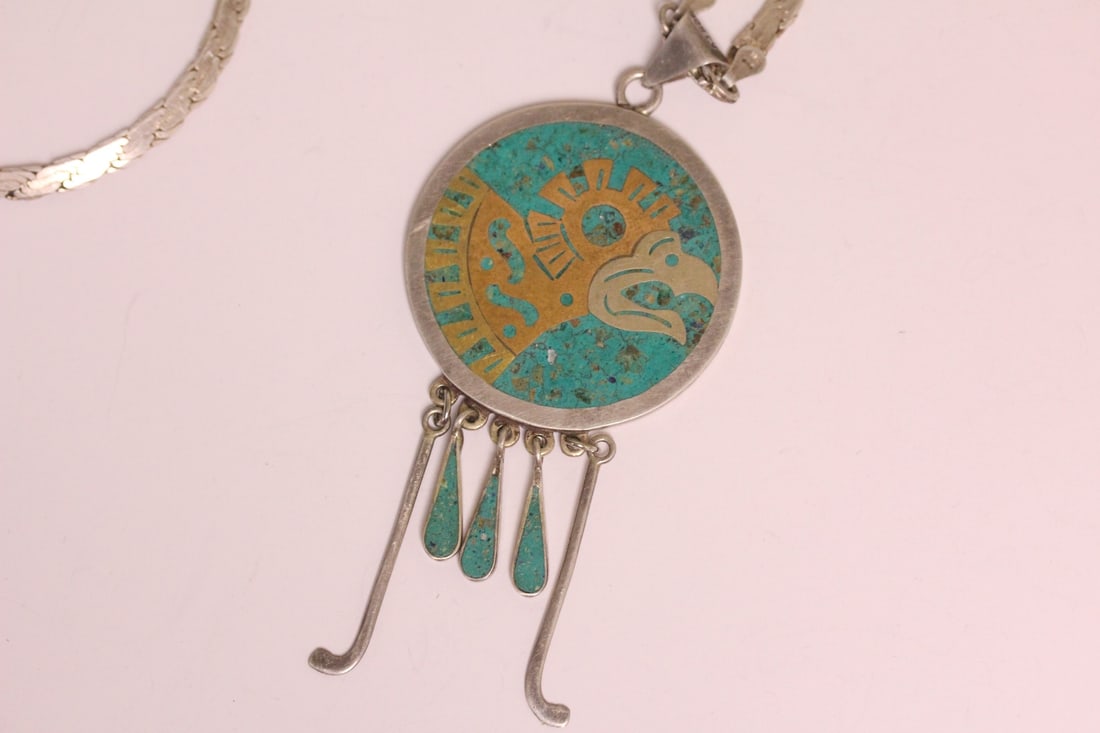 A Sterling Inlaid Doublesided Pendant and Necklace - 2