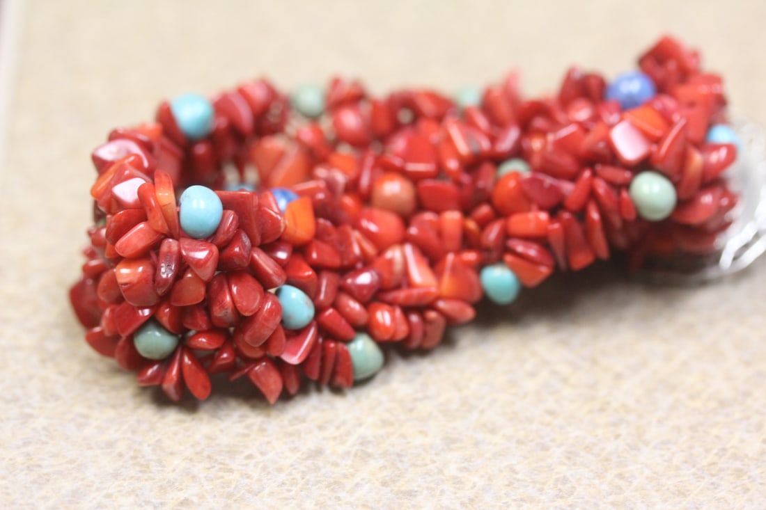 Sterling Enamel Coral Turquoise Elastic Bracelet - 6