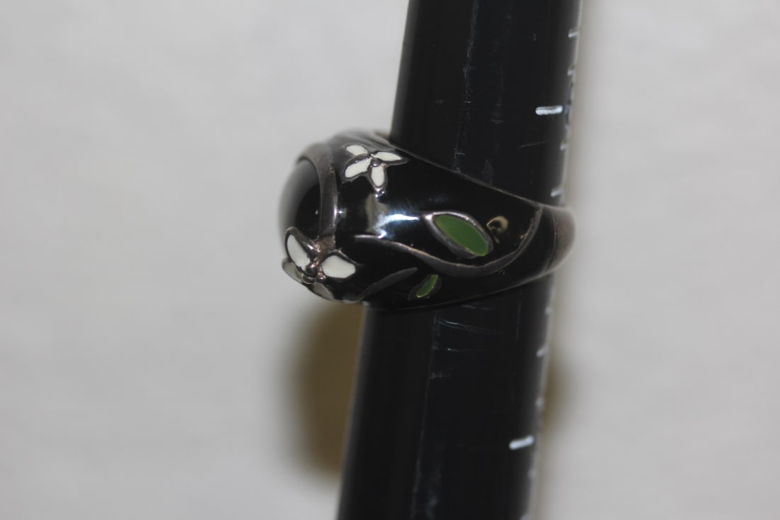 Enamel Onyx and Sterling Ring - 2