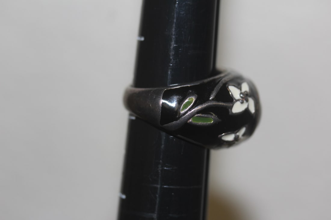 Enamel Onyx and Sterling Ring - 4
