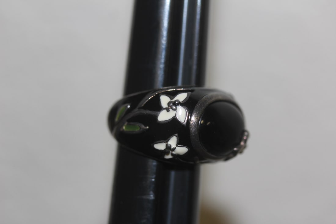 Enamel Onyx and Sterling Ring - 5